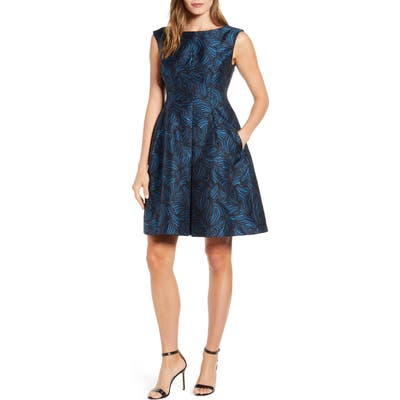 Anne Klein Sleeveless Jacquard Fit & Flare Dress, Blue/green
