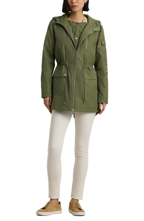 Shop Lauren Ralph Lauren Raincoat With Hood & Removable Quilted Bib In Olive Fern