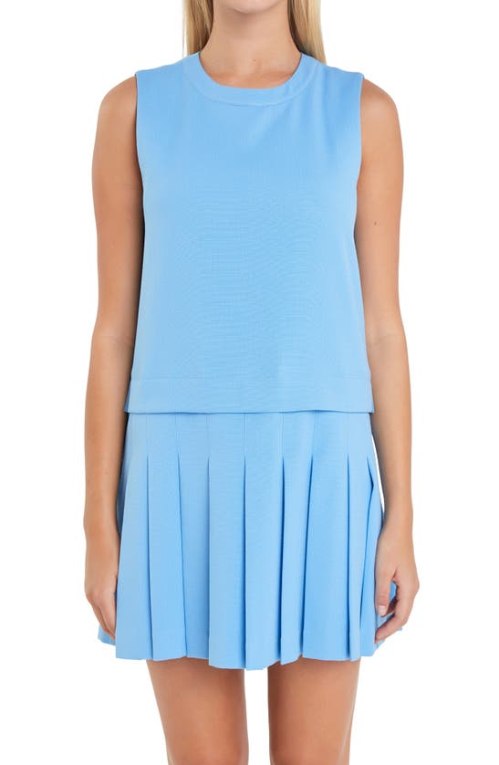 Shop English Factory Pleated Sleeveless Dress In Blue
