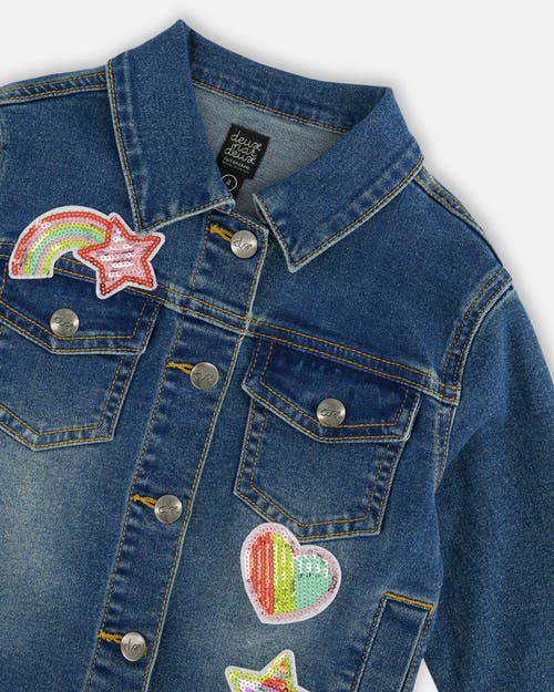 Shop Deux Par Deux Girl's Denim Jacket With Embroidery Patch In Navy Denim