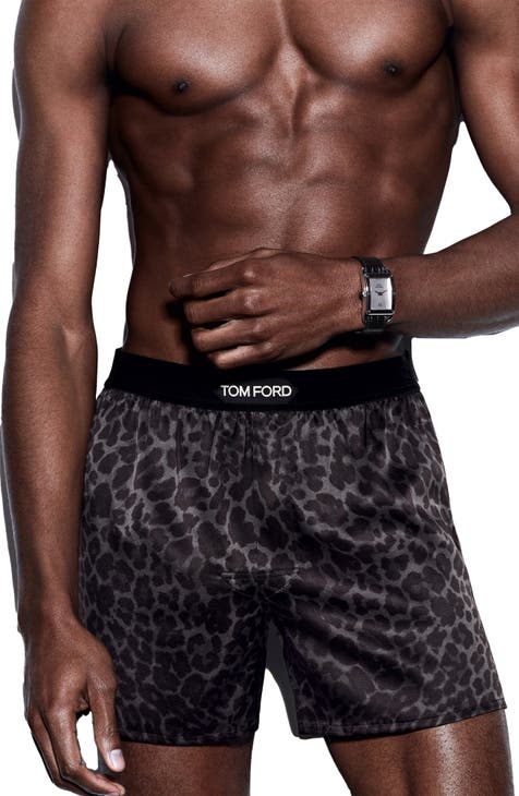 Tom Ford Leopard Print Stretch Silk Boxers in Ink at Nordstrom, Size X-Large