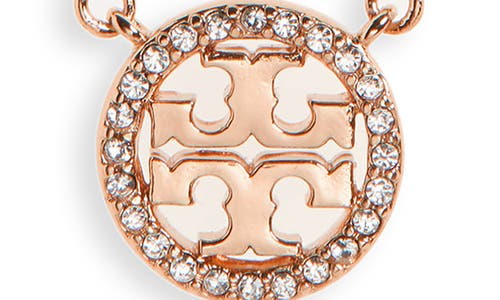 Tory Burch Delicate Crystal Logo Pendant Necklace In Rose Gold/crystal