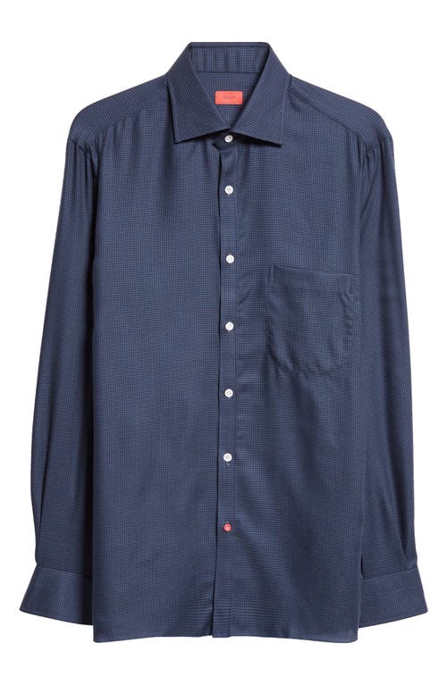 Isaia Houndstooth Check Wool Button-up Shirt In Medium Blue