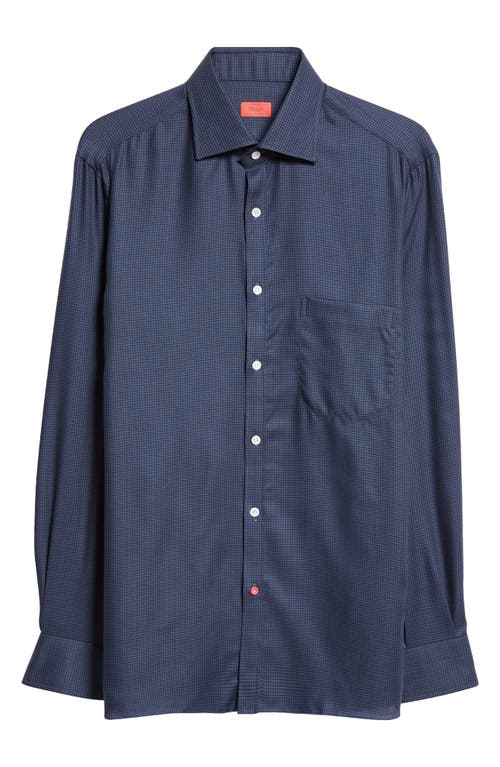 Shop Isaia Houndstooth Check Wool Button-up Shirt In Medium Blue