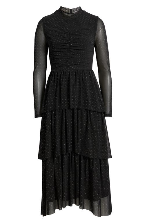 Shop Anne Klein Embellished Tiered Long Sleeve Mesh Dress In Anne Black/silver