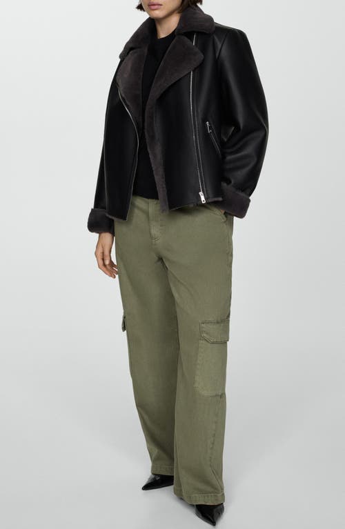 Mango Faux Leather Moto Jacket With Faux Fur Lining In Black