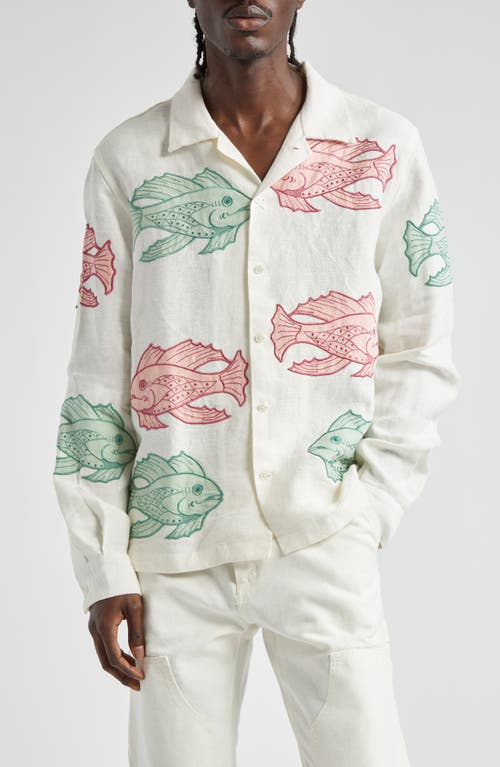 Shop Bode Piscine Long Sleeve Linen Camp Shirt In White Multi