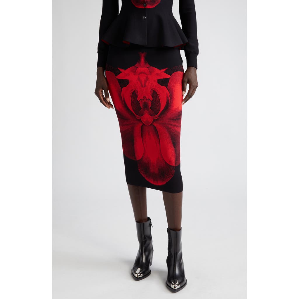 Alexander Mcqueen Orchid Print Pencil Skirt In 1023 Black/red