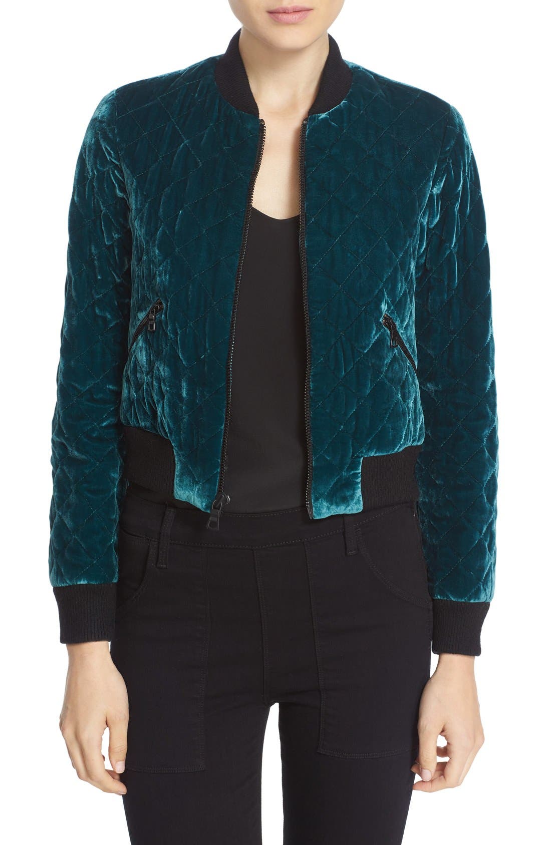 Alice + Olivia 'Demia' Quilted Velvet Crop Bomber Jacket Nordstrom