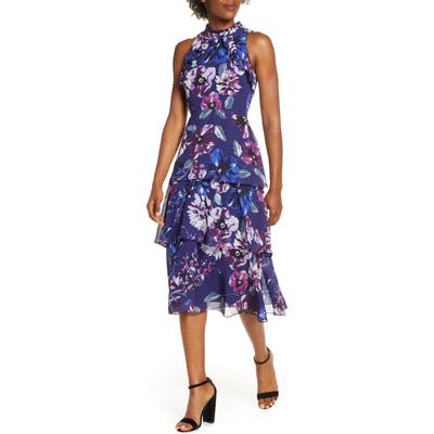 Petite Vince Camuto Floral Ruffle Tiered Chiffon Dress, Purple