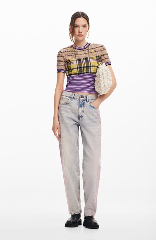 Desigual Knitted T-shirt With Stripes And Checks. In Blue