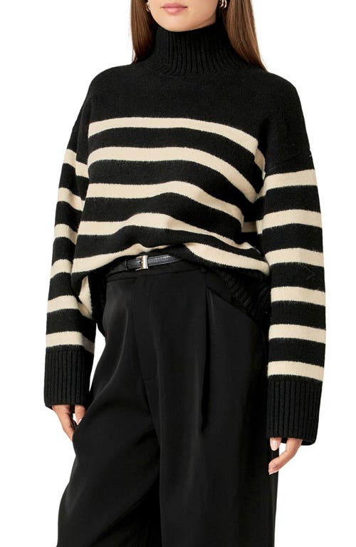 Shop English Factory Stripe Turtleneck Sweater In Black/cream