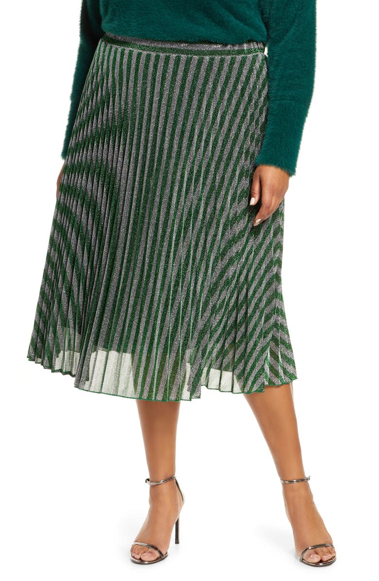ESTELLE Chevron Pleated Metallic Knit Skirt, Main, color, GREEN / SILVER