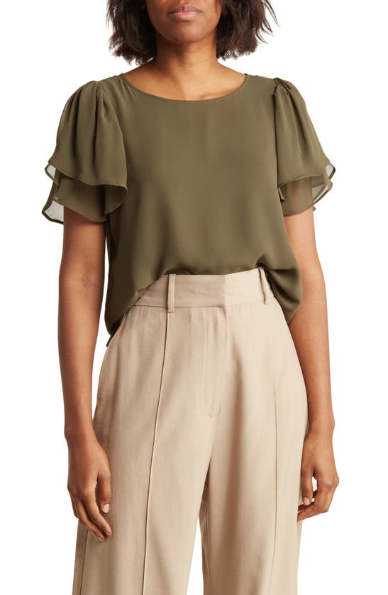 Vince Camuto Tulip Sleeve Chiffon Top In Light Olive