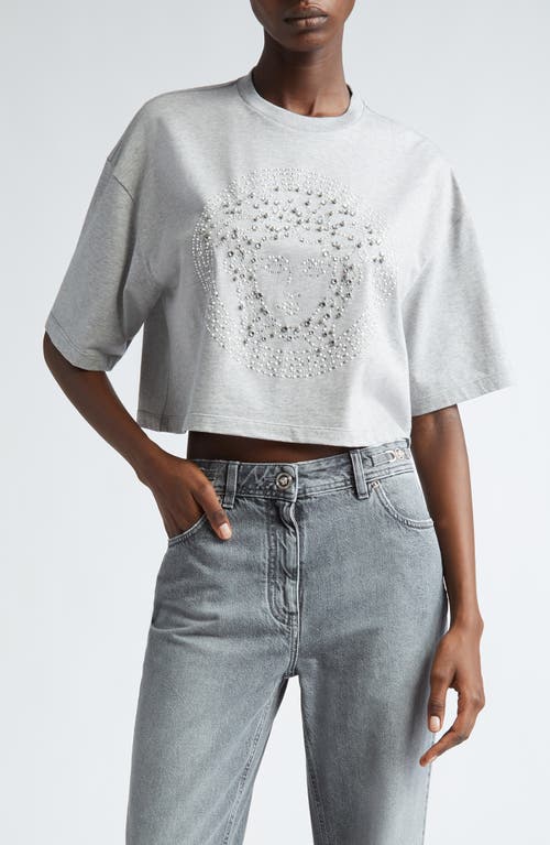 Versace Crystal Hotfix Medusa Boxy Crop T-shirt In Light Grey