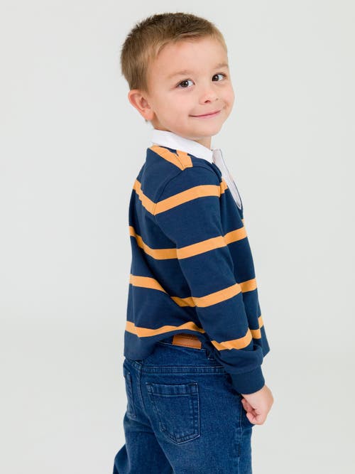 Shop Ruggedbutts Boys Long Sleeve Rugby Polo In Navy & Honey Wide Stripe