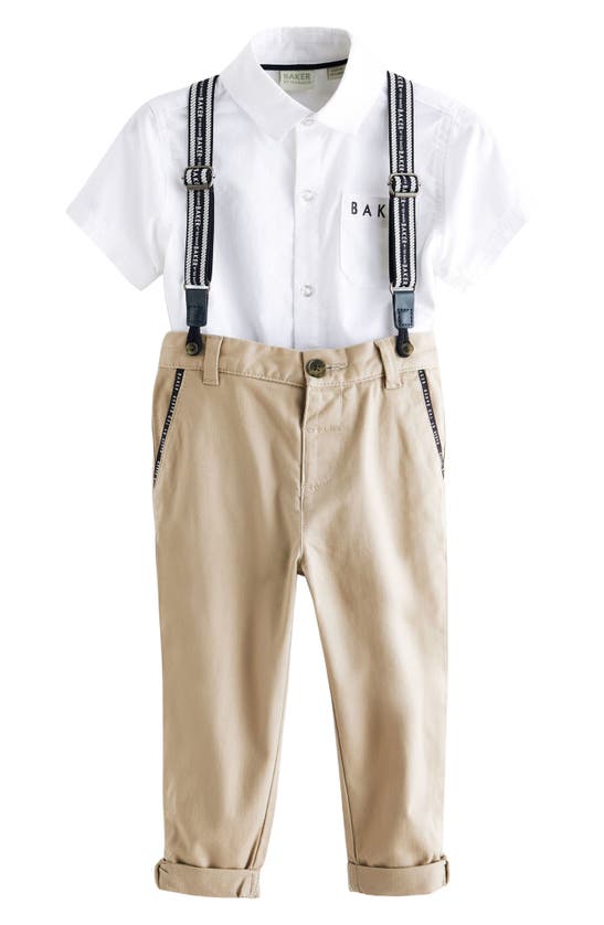 Shop Baker By Ted Baker Kids' Short Sleeve Button-up Shirt, Trousers & Suspenders Set In Natural