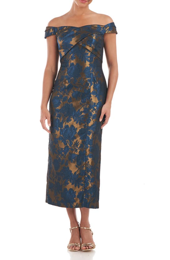 Kay Unger Alessia Off The Shoulder Jacquard Midi Dress In Sapphire/ Gold