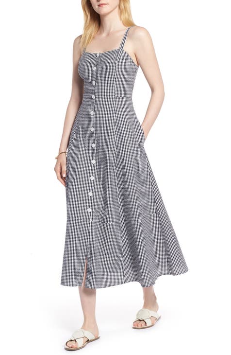 Gingham Button Front Cotton Blend Dress (Regular & Petite)