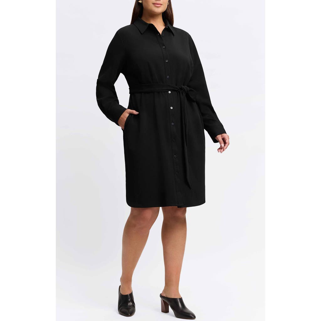 Foxcroft Rocca Wrinkle Resistant Long Sleeve Knit Crepe Shirtdress In Black