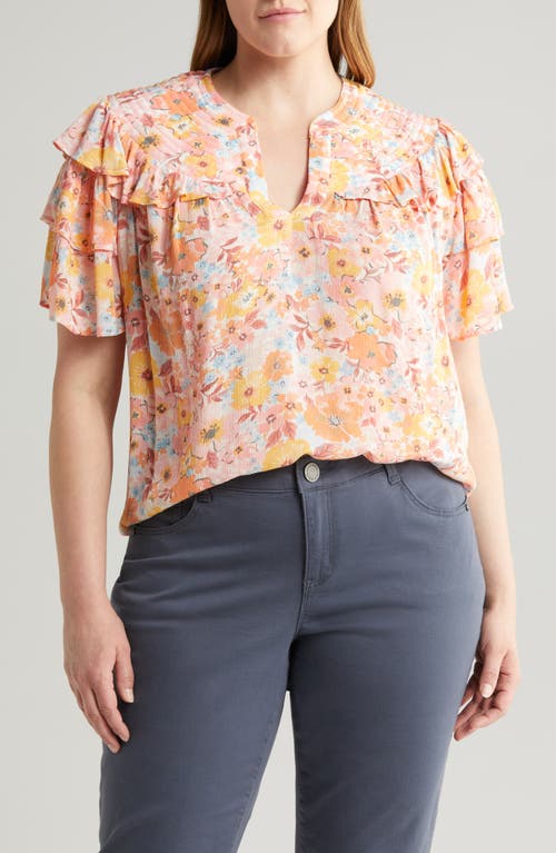 Wit & Wisdom Triple Flounce Floral Print Top Strawberry Cream Multi at Nordstrom,