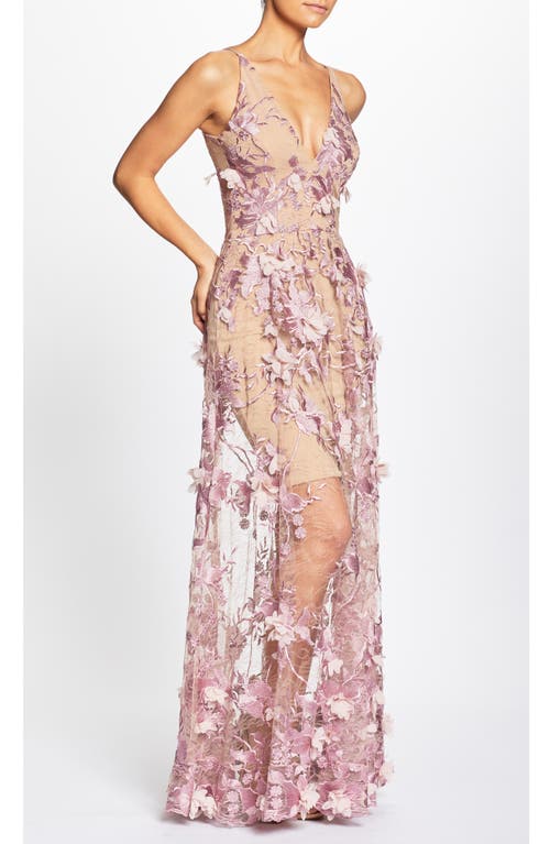 Shop Dress The Population Sidney Deep V-neck 3d Lace Gown In Lilac/nude