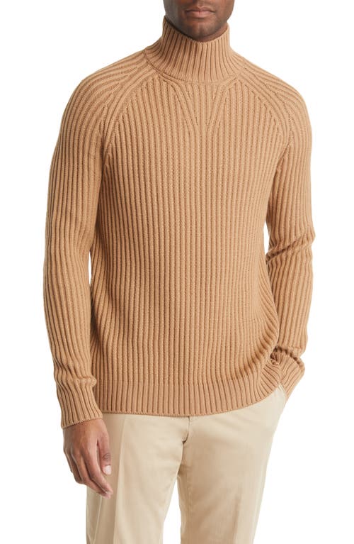 BOSS Lisu Wool Rib Turtleneck Sweater in Medium Beige