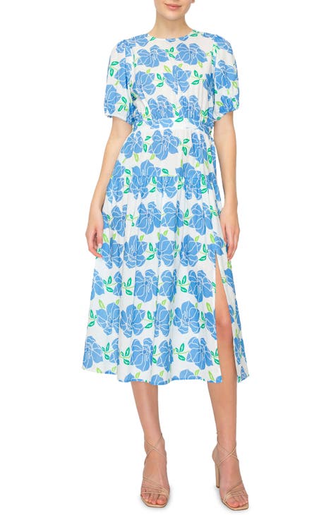 Tropical Print Puff Sleeve Midi Dress