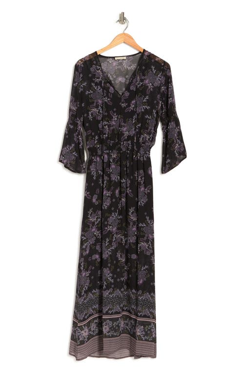 Shop Lovestitch Boho Floral 3/4 Sleeve Smocked Maxi Dress In Black/stone