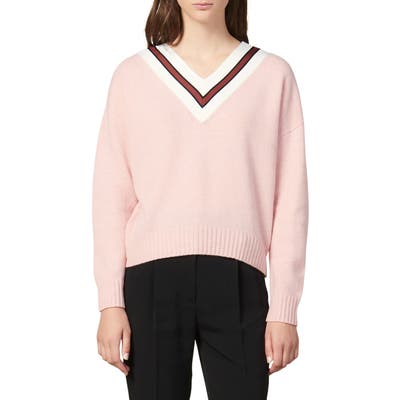 Sandro Stripes V-Neck Wool Blend Sweater, (fits like 6 US) - Pink