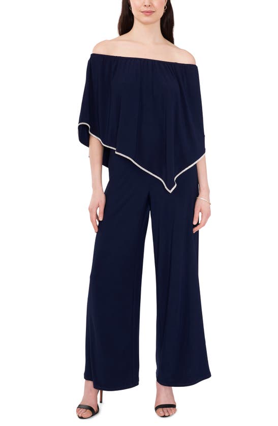Shop Chaus Overlay Off The Shoulder Jumpsuit In Navy Blue