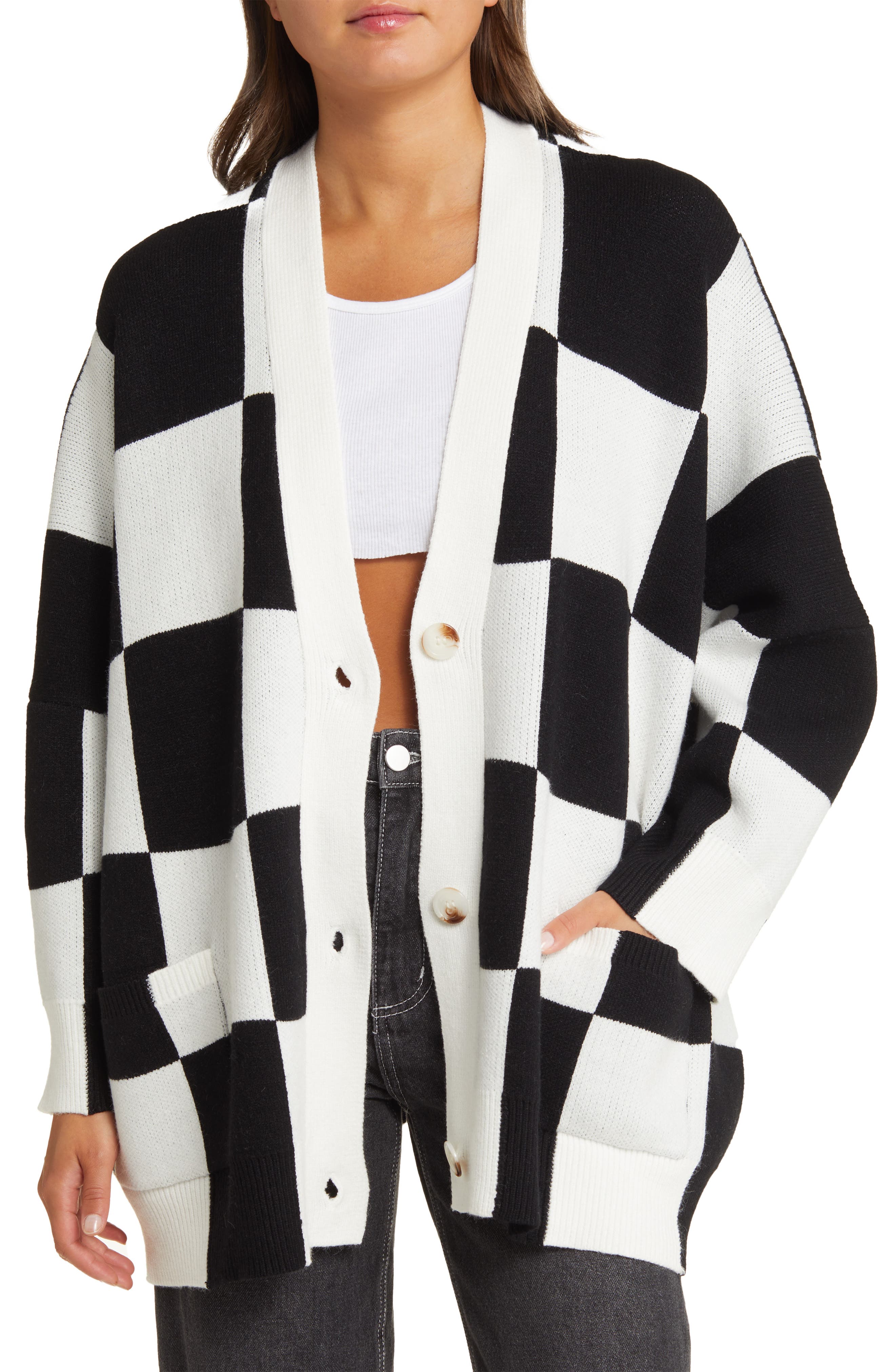 Dressed in Lala Love You Oversize Checkerboard Cardigan Nordstrom