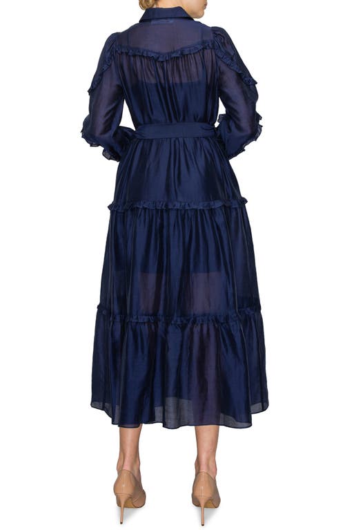 Shop Melloday Ruffle Belted Long Sleeve Maxi Shirtdress In Midnight Blue