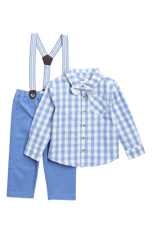 SAMMY + NAT Gingham Button-Up Shirt, Solid Suspender Pants & Bow Tie Set Blue at Nordstrom,