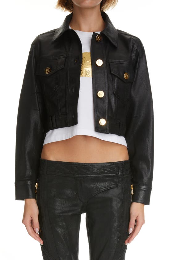 Shop Balmain Crop Coated Denim Jacket In Noir