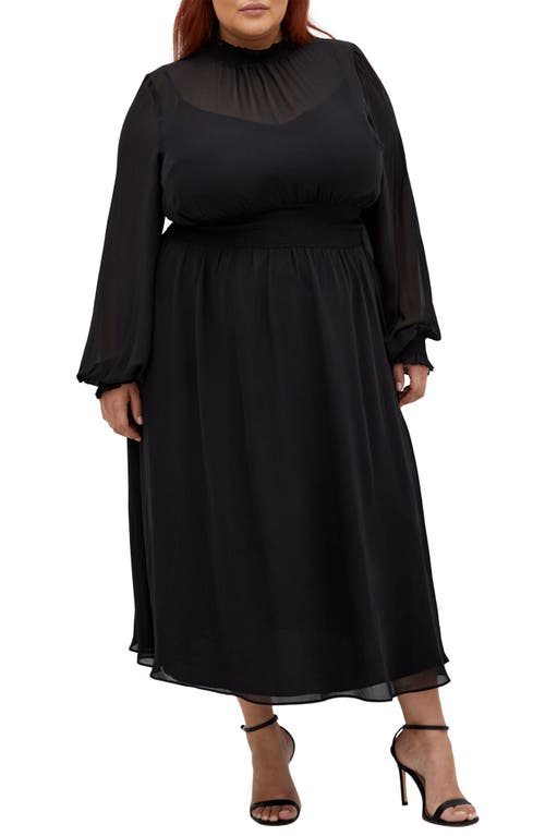 City Chic Portobello Rd Long Sleeve Sheer Mesh Overlay Maxi Dress In Black