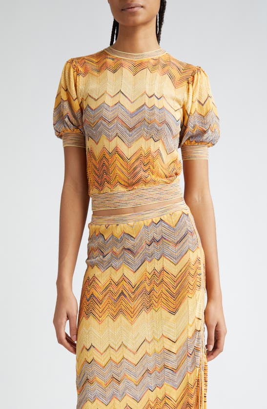 Shop Ulla Johnson Priscilla Chevron Puff Sleeve Knit Crop Top In Sunrise