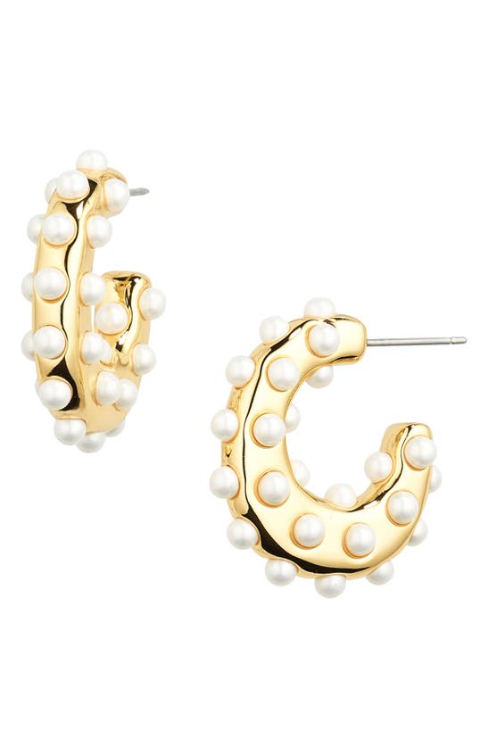 Lele Sadoughi Archer Imitation Pearl Hoop Earrings In Gold/white