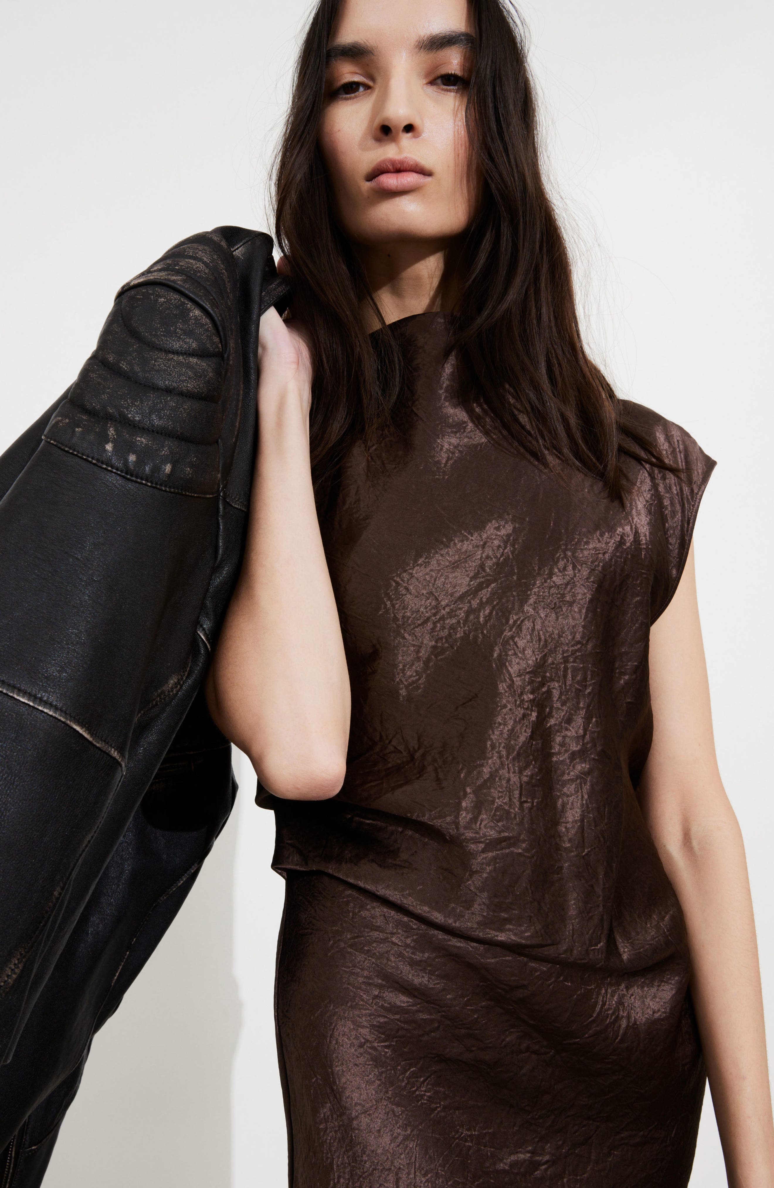 brown dress and other stories Brown Shirred Cut-Out Linen Midi Dress