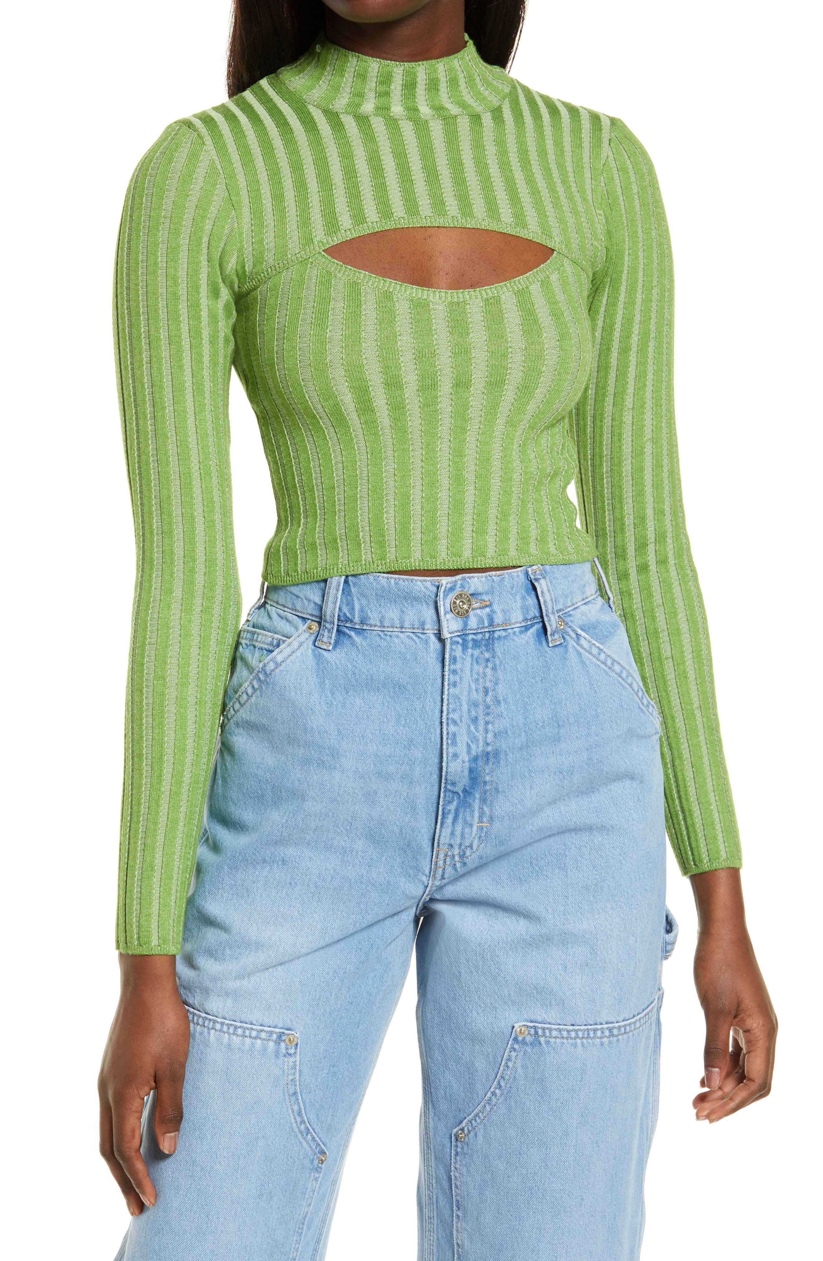 BDG Urban Outfitters Cutout Ribbed Mock Neck Sweater in Green at Nordstrom