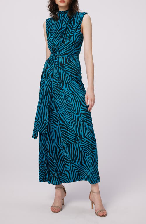 DVF Geri Print Tie Waist Sleeveless Maxi Dress in Zebra Blue Lg 