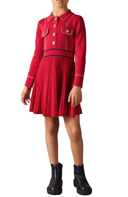 Shop Reiss Kids' Sapna Long Sleeve Button Front Knit Dress In Red