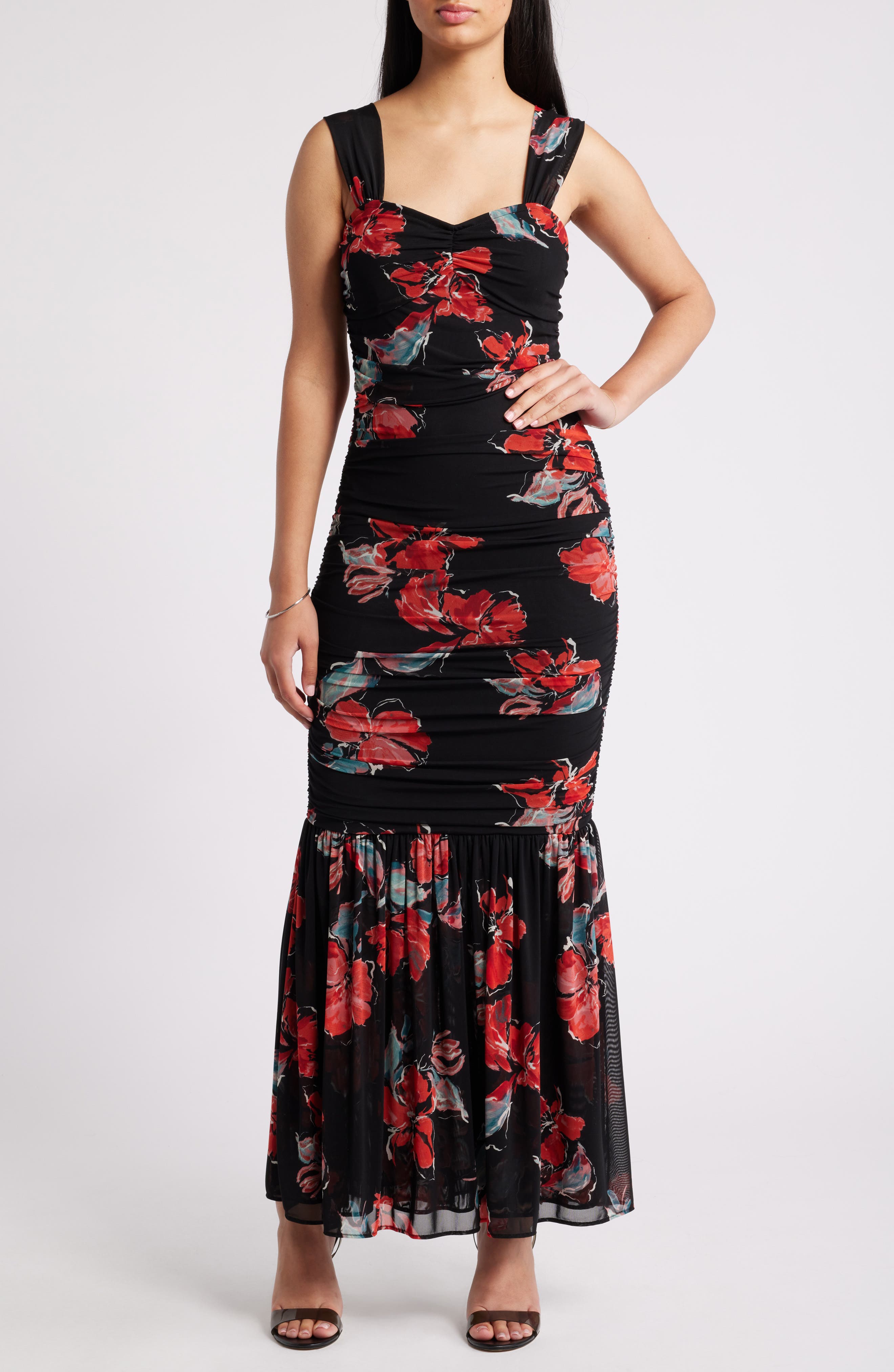 Chelsea28 Ruched Maxi Dress in Black- Red Lyrical Floral 