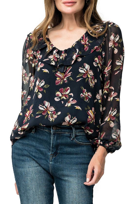 Gibsonlook Gigi V-neck Long Sleeve Floral Top In Navy Blossom Print