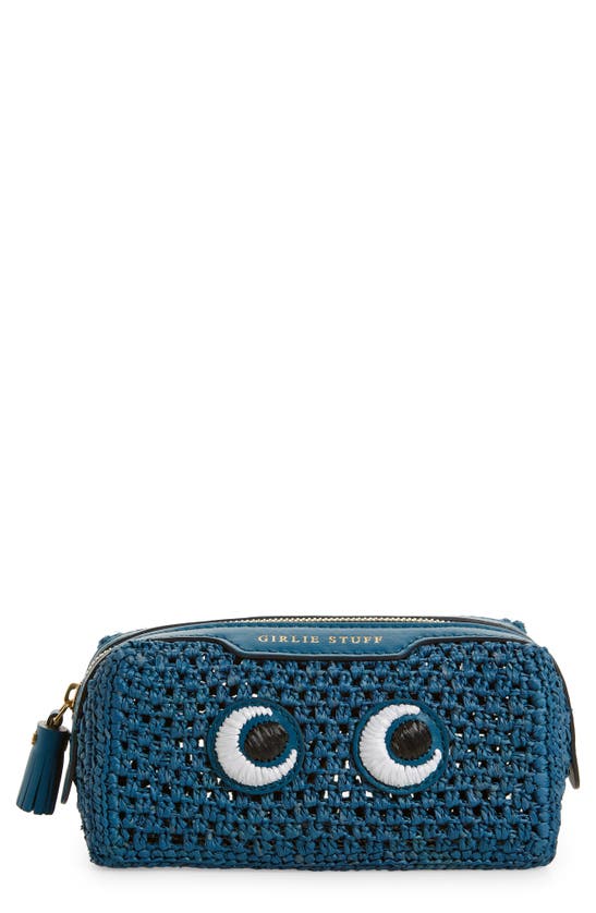 Anya Hindmarch Girlie Stuff Eyes Leather-trimmed Raffia Pouch In Light Petrol