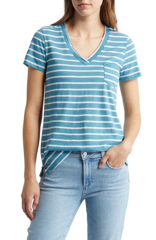 caslon(r) V-Neck Short Sleeve Pocket T-Shirt in Teal- Ivory Josephine Stripe