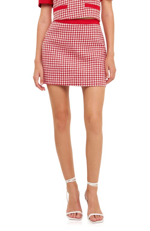 English Factory Houndstooth Tweed Miniskirt in Red