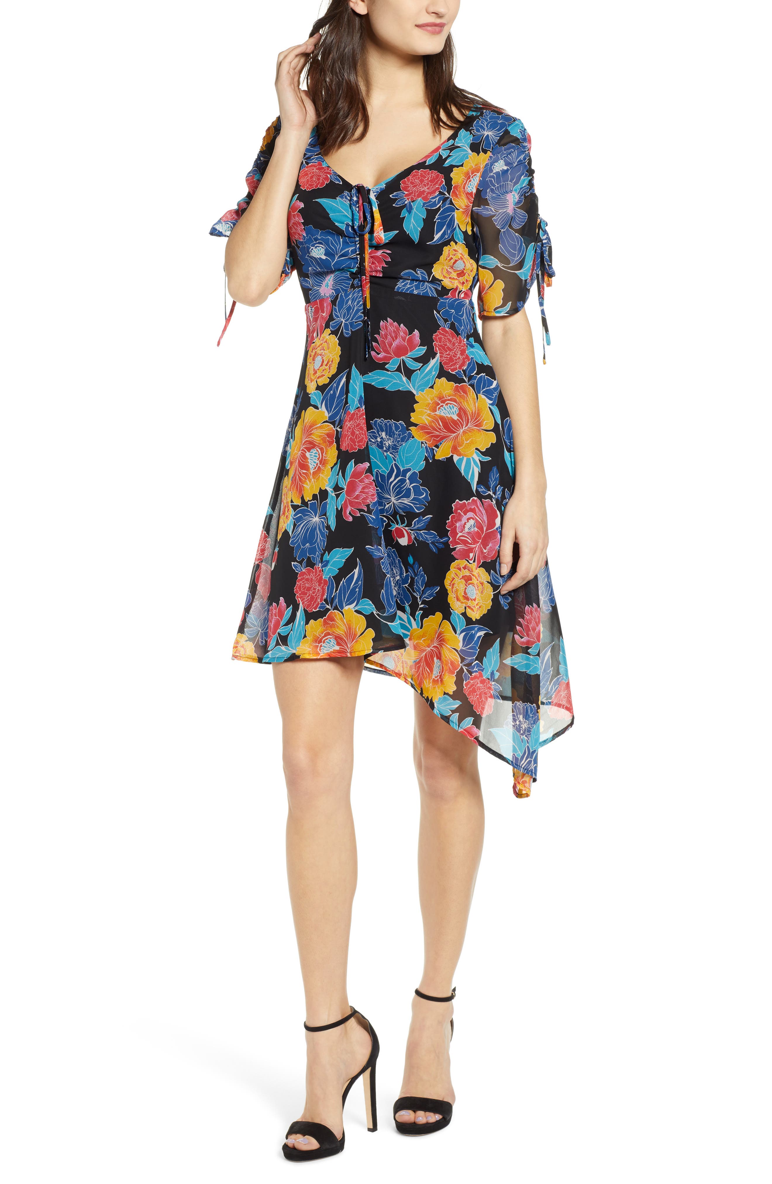Leith Floral Print Asymmetrical Dress, Black