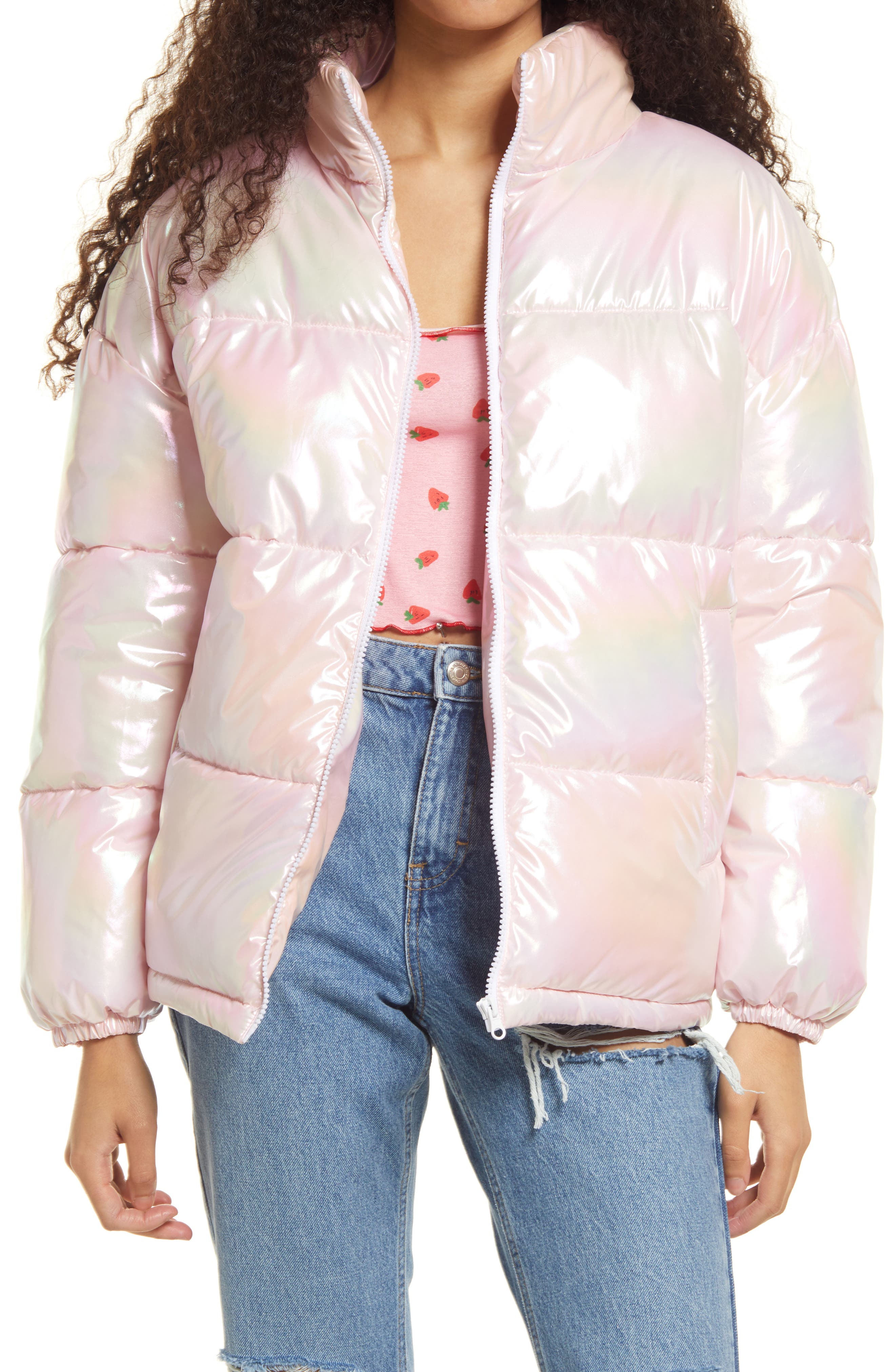 pink metallic puffer jacket