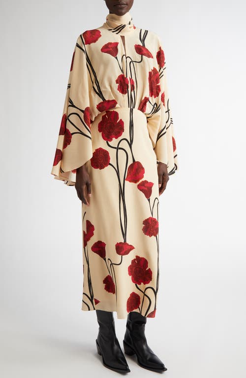 Shop Johanna Ortiz Parajes Lejanos Long Sleeve Silk Midi Dress In Papaver Somniferum/ecru